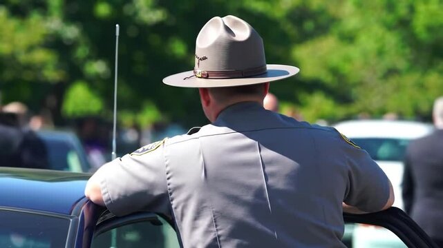 Rear View of Police Officer Leaning on Car Door in Gray Uniform Hat with Blurred Green Trees Background on Sunny Day