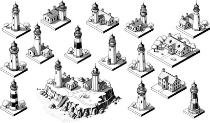 Diverse collection of 16 isometric lighthouses, hand-drawn in a detailed black and white sketch style. Ideal for maritime, travel, or architectural design concepts