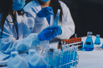 Research, experiment and medical trial being done by a scientist in a lab, science facility or...