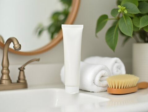 In a serene home setting, a white baby cream tube rests on a bathroom vanity next to a rolled towel and a natural bristle brush surrounded