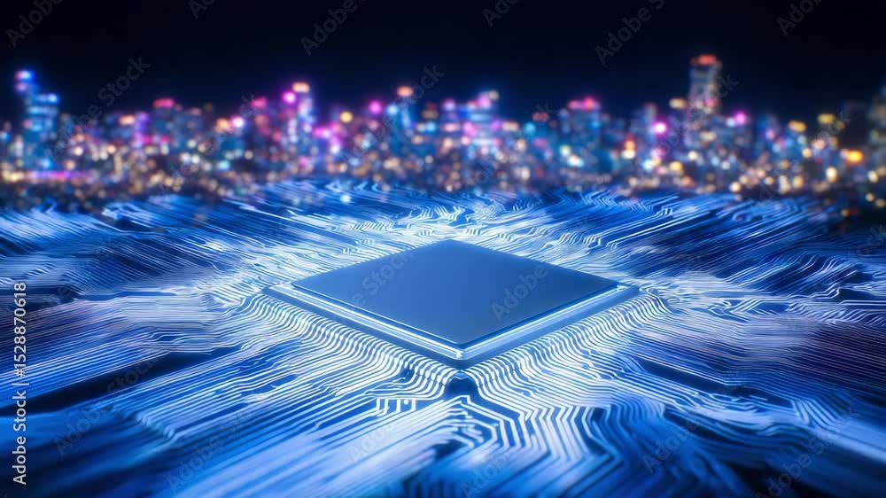 Aufkleber a glowing microchip is surrounded by blue circuit lines with a blurred cityscape in the background, 