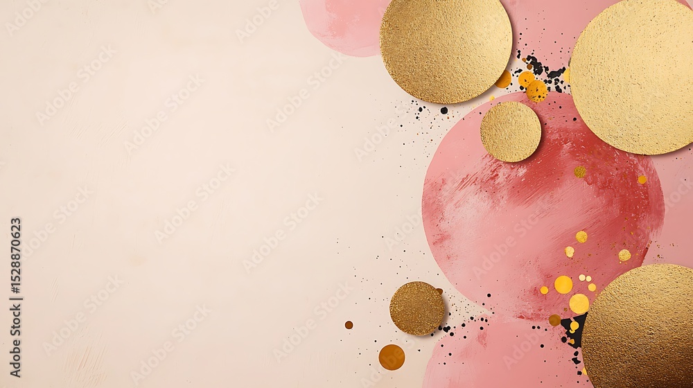 Poster abstract art with pink and gold textured circles on a soft beige background, creating a modern and e