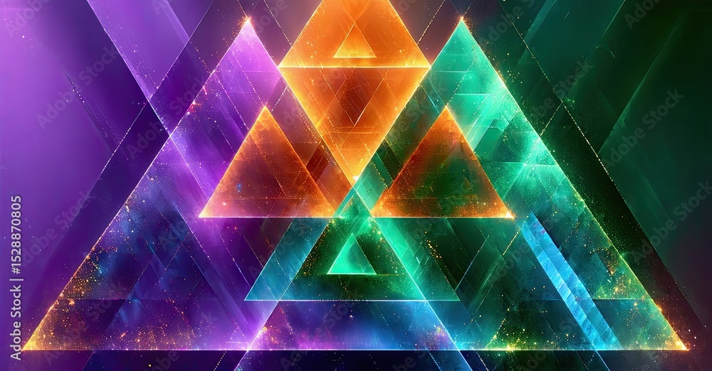 Poster Vibrant triangles form complex patterns. Neon colors blend, creating futuristic, glowing effect. Abstract geometry dominates composition.