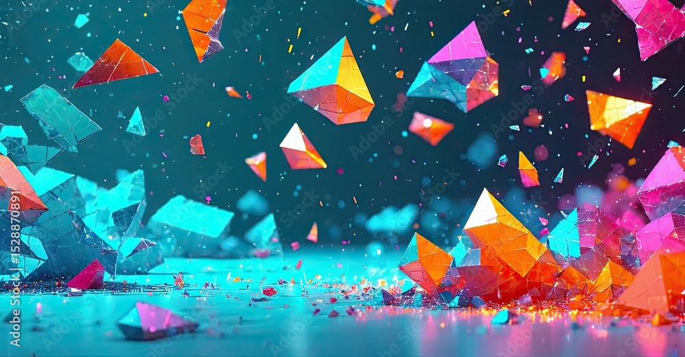 Aufkleber Vibrant geometric shapes explode, creating dynamic colorful fragments. Light reflects off surfaces, forming abstract patterns.