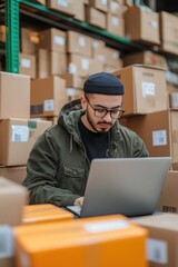 Warehouse worker using laptop managing inventory surrounded by cardboard boxes