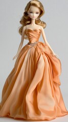 Fashion doll wearing elegant peach gown with crystal belt