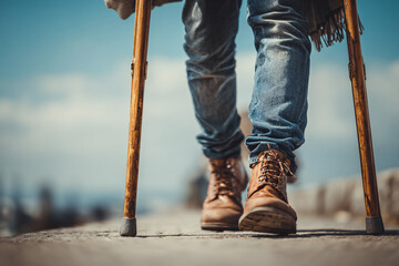 A person walking with crutches wearing brown boots and jeans on a concrete surface outdoors during the day