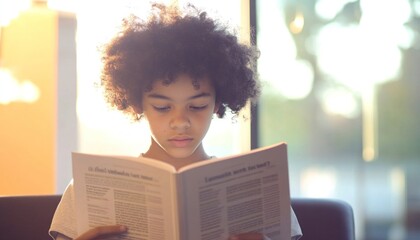 Young student reading a textbook in a classroom with natural light
