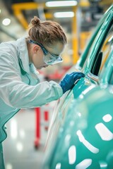 Car factory worker inspecting vehicle body during manufacturing process