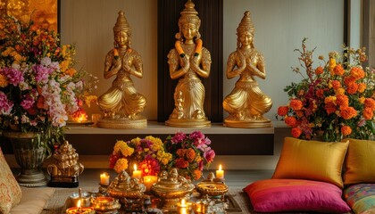 Golden statues of praying deities adorned with flowers and candles in home decor