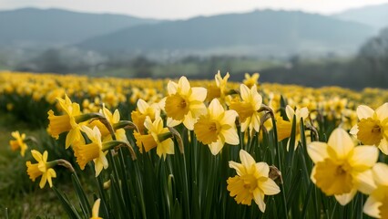 Fototapeta premium A blooming field of yellow daffodils in spring with mountains in the background