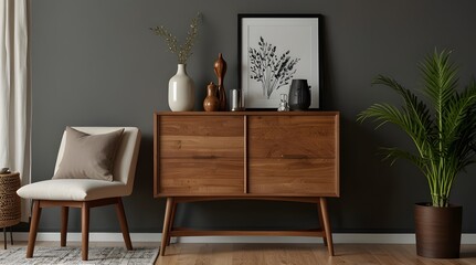 Wooden cabinet with decorative items in modern room. generative.ai