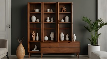 Wooden cabinet with decorative items in modern room. generative.ai