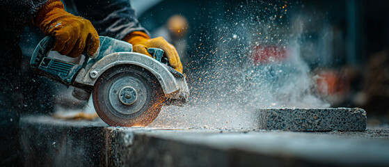 A worker cutting a concrete block with a circular saw creating sparks and dust in an industrial setting