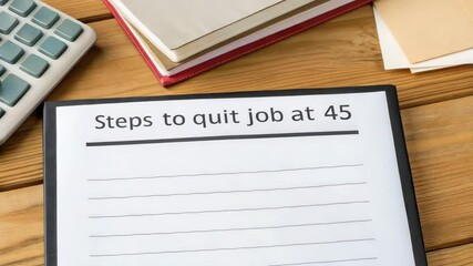 Financial independence early retirement concept. A checklist titled "Steps to quit job at 45" on a desk with office supplies and documents.