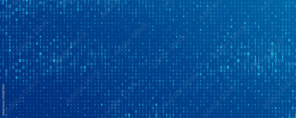 Poster futuristic binary code background with glowing blue digits 0 and 1, representing digital data, codin