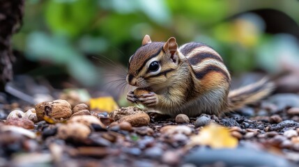 Obraz premium A small chipmunk eats a nut on the forest floor