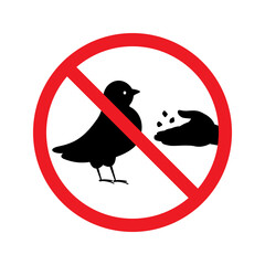 No feeding birds prohibition sign. Warning sign vector symbol. Red prohibited circle, black bird, hand icon. For nature conservation, park rules, urban areas.