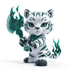 3D Cute White Tiger Cub Wields a Flaming Axe On White Background