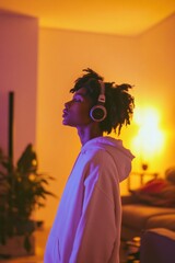 Young man enjoying music with wireless headphones in neon light
