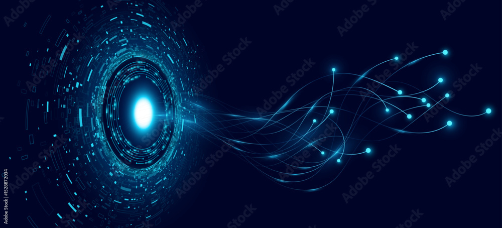 Poster digital technology featuring a glowing circular data hub with neural data lines flowing outward. vir
