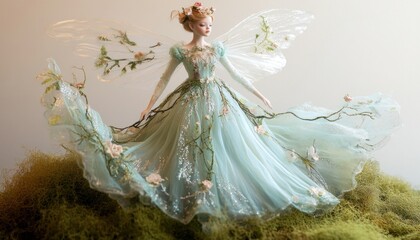 Beautiful fairy doll wearing sparkling dress with floral decorations and transparent wings