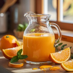 Fresh Orange Juice in a Glass Pitcher with Mint and Oranges on a Rustic Kitchen Table