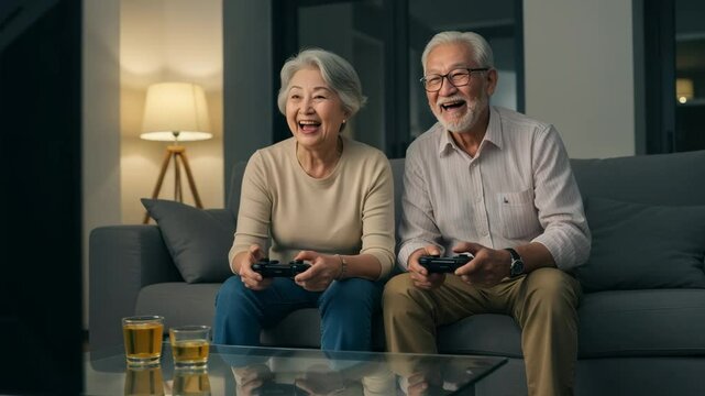 Happy senior couple laughs while playing video games together at home.