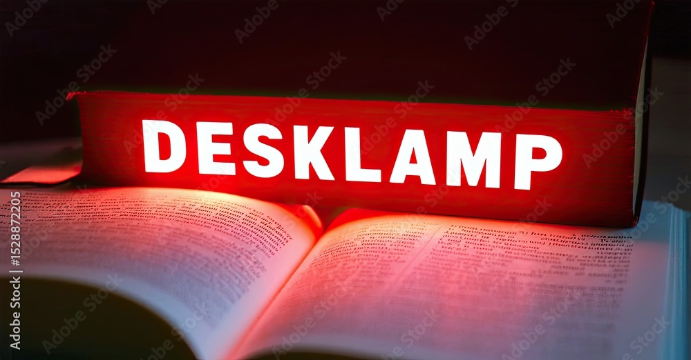 Aufkleber Open book illuminated by red desk lamp. Pages display dense text, creating dramatic lighting effect. Study, reading concept.