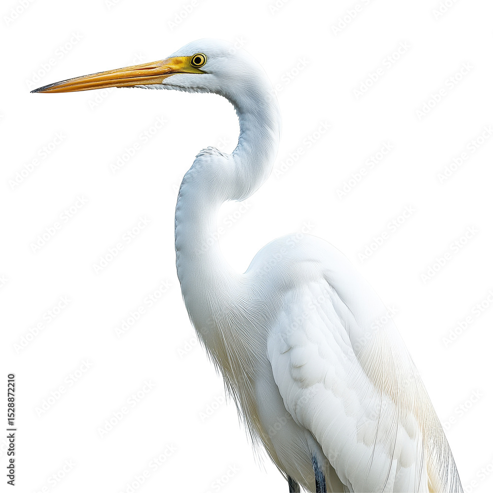 Poster closeup view of a white egret displaying elegant features against a stark transparent background, cl
