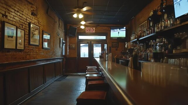 Empty Bar Interior Featuring a Long Wooden Counter and Stools Under Dim Lighting with Brick Walls Displaying Numerous Shelves of Alcoholic Beverages