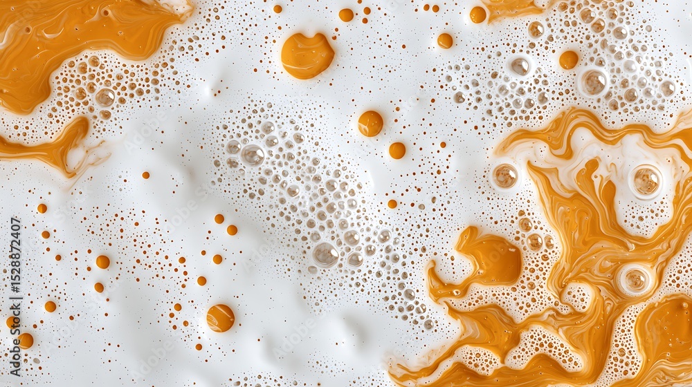 Poster swirling orange and white liquid with bubbles, creating an abstract and dynamic marbled pattern.