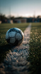 Close up of a soccer ball resting on the sideline of a green field during the day with blurred background