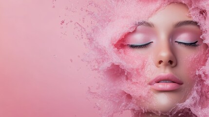 The captivating image presents a woman’s face encircled by a dazzling splash of pink foam, embodying a blend of beauty, softness, and artistic conceptions of femininity and joy.