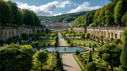 Classical Palace with Formal Gardens, Sculpted Topiary, and Fountains