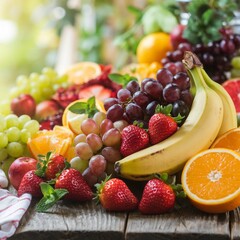 Assorted Fresh Fruits and Berries on a Rustic Wooden Table