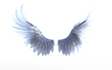 3d Illustration Elegant white angel wings glow softly, symbolizing purity, divinity, and spiritual grace.