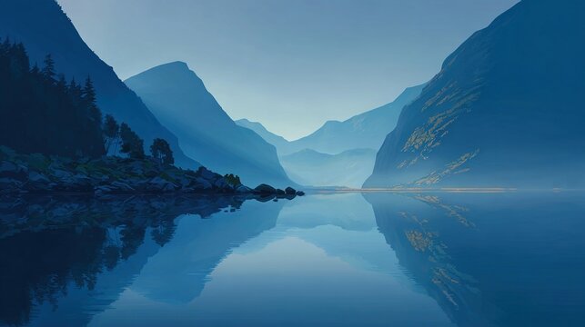 Misty fjords of norway at dawn, calming rhythms, serene reflections in still waters. Fjordic. Illustration. High quality