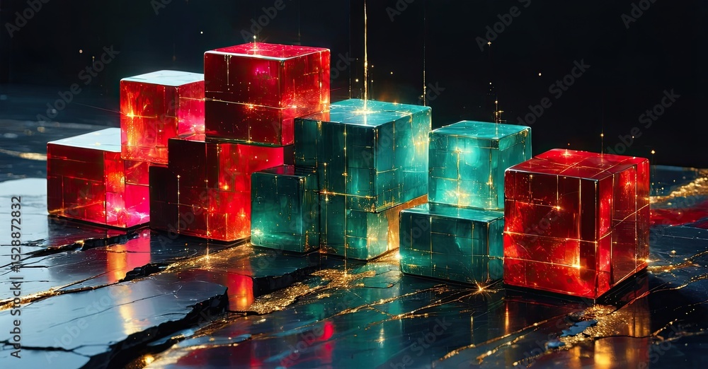 Poster Abstract glowing cubes rest upon dark cracked surface. Red, teal colors dominate composition. Light streaks emanate from within structures.