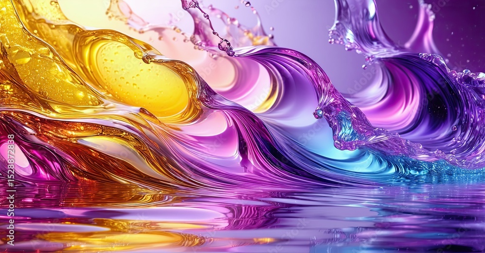 Poster Vibrant liquid splashes, colorful waves, reflections create abstract fluid motion. Beautiful, dynamic composition.