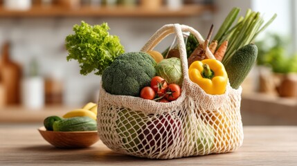 Net Bag Overflowing with Fresh Vegetables and Fruit on Wooden Table
