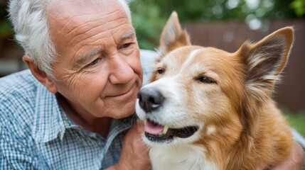Senior Man Embracing his Dog Outdoors in Natural Light
