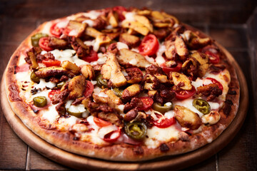 Gyros Pizza with jalapeno pepper, cherry tomatoes and mozzarella cheese. Soft focus. Close up.	