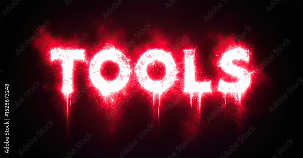 Poster bright red text spells tools with dripping effect. dark background enhances glowing, fiery aesthetic
