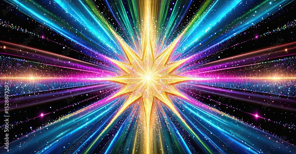 Leinwandbilder vibrant explosion, colorful rays emanate from central starburst. glittering particles fill dark spac