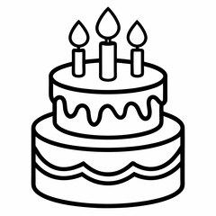 Birthday cake with candles outline vector icon, isolated on white background