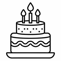 Birthday cake with candles outline vector icon, isolated on white background