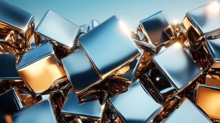 An artistic close-up of gleaming metallic cubes reflects light dynamically, creating an abstract composition that plays with perspective, texture, and modern aesthetics.