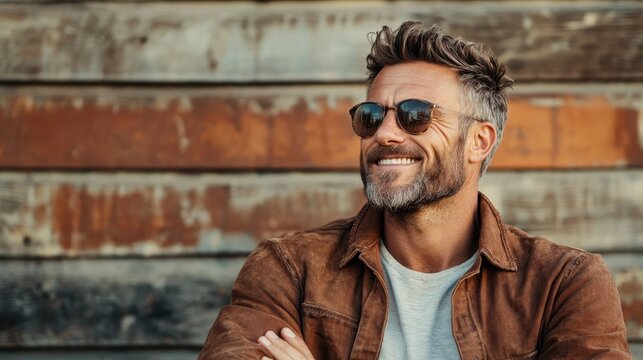 A joyful man smiles broadly against a rustic wooden backdrop, exuding warmth and approachability, capturing the essence of joy, friendship, and carefree living.