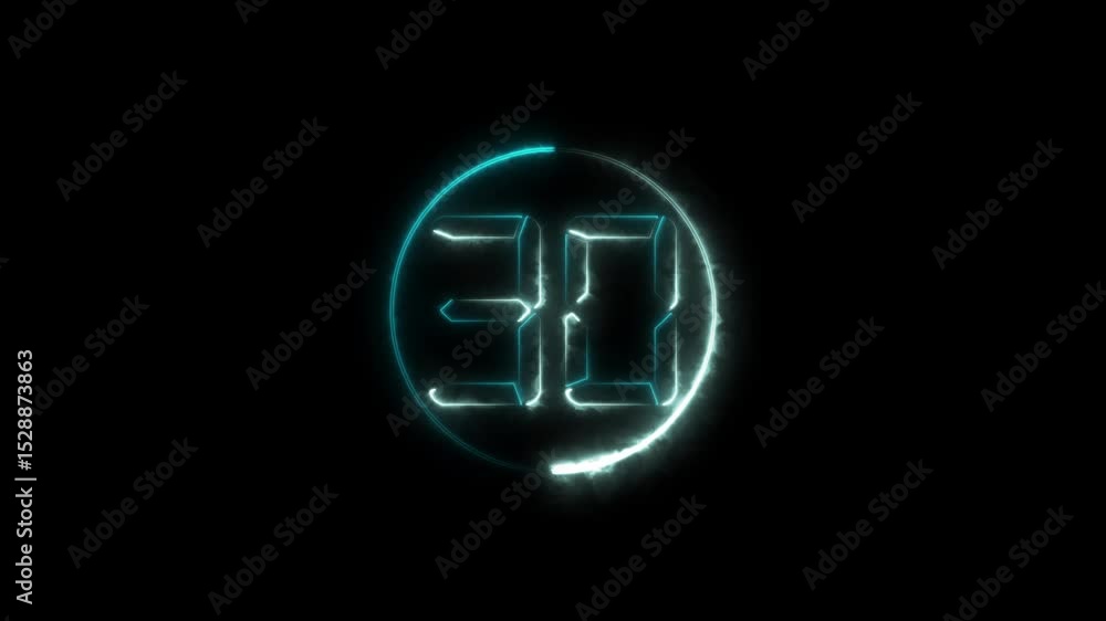 Poster neon glowing text 30 number countdown icon animation.